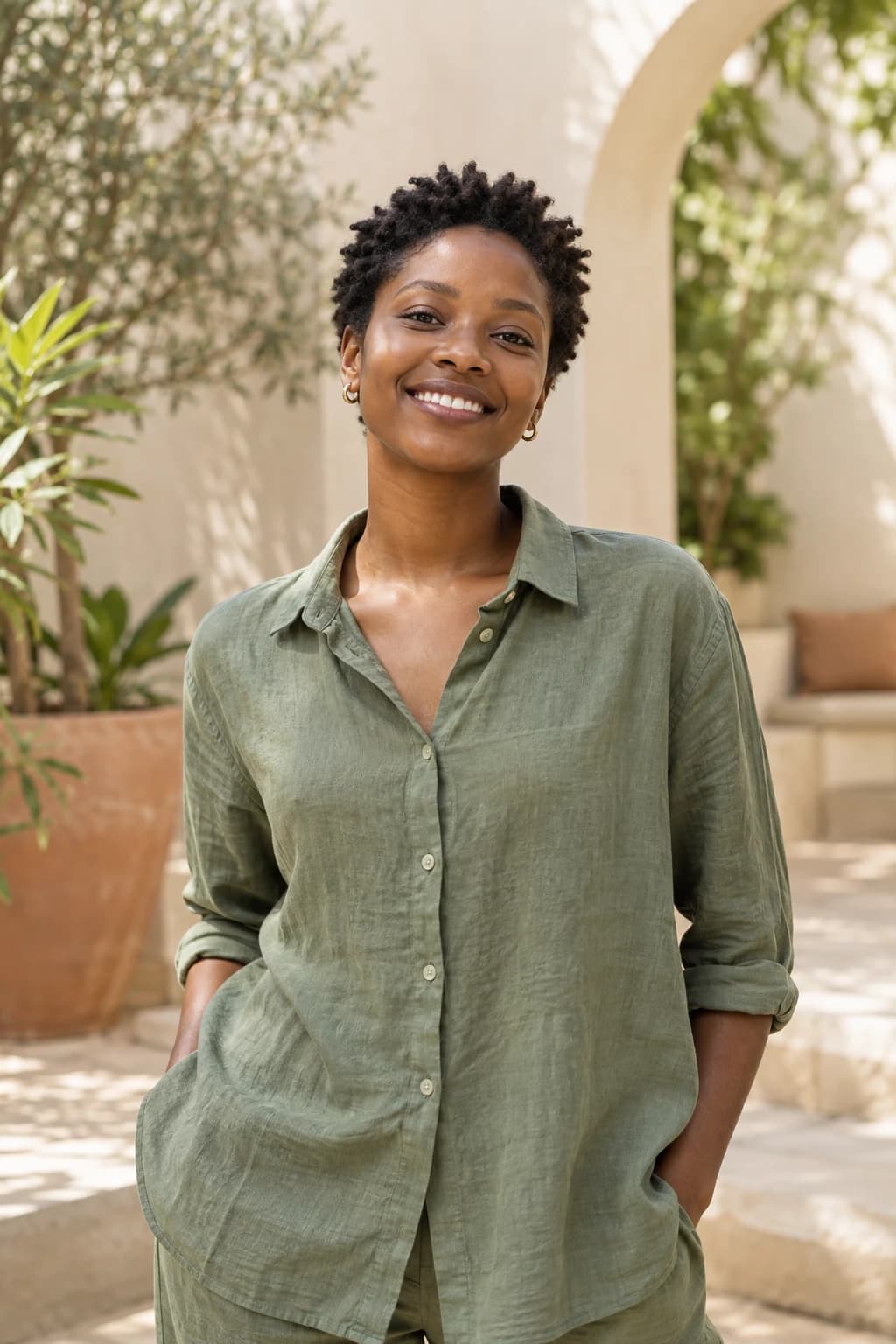A smiling professional in a sunlit courtyard